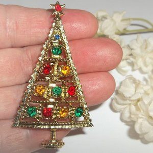 Vintage Christmas Tree Brooch Rhinestone Signed BJ Beatrix Gold Jewelry 6848